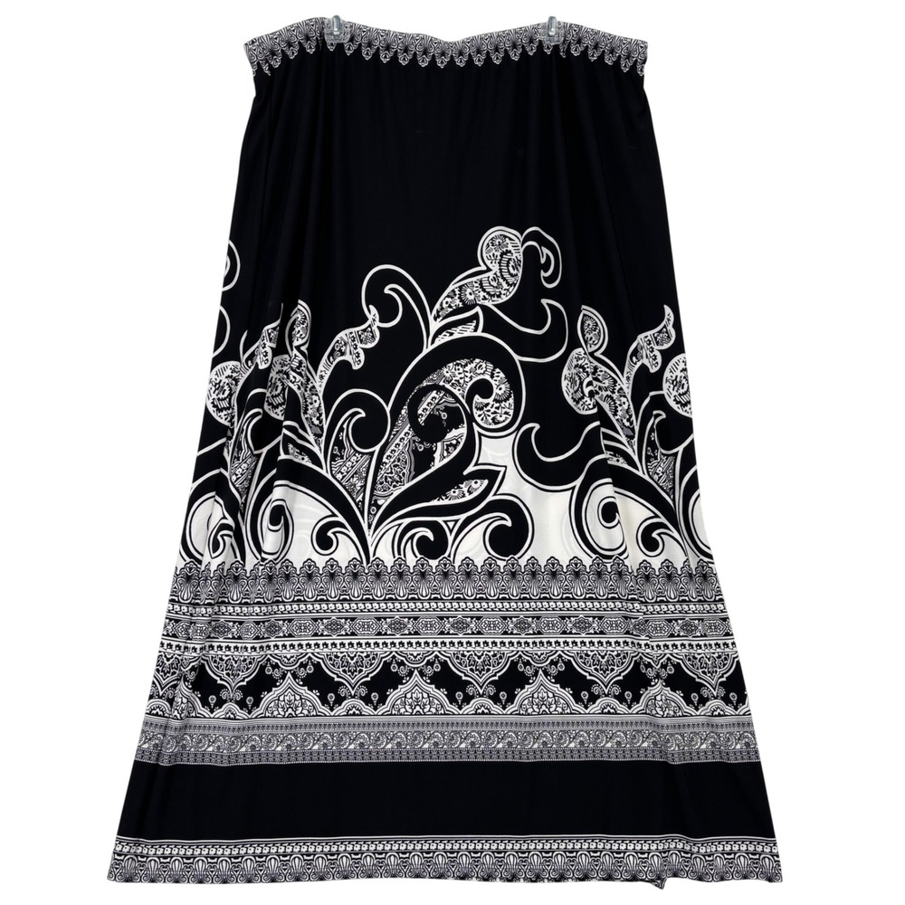 Susan Graver Liquid Knit Maxi Skirt Womens 2X Black White Paisley Border Print